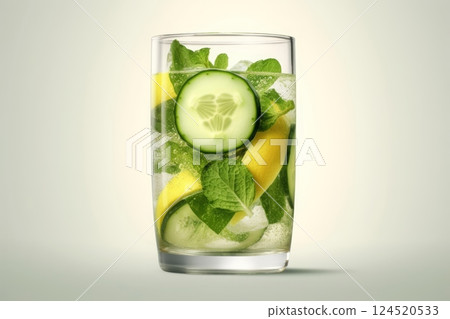 Fresh cool detox water drink with cucumber and lemon. glass of Lemonade with basil and mint leaves. Concept of proper nutrition and healthy eating. Generated AI 124520533