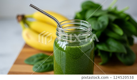Green smoothie with bananas and greens on kitchen counter close-up 124520538