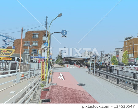 東京路景。世田谷代田車站前。插圖風格的照片。 124520547