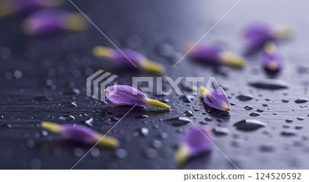 Lavender petals on wet surface with soft diffused lighting 124520592