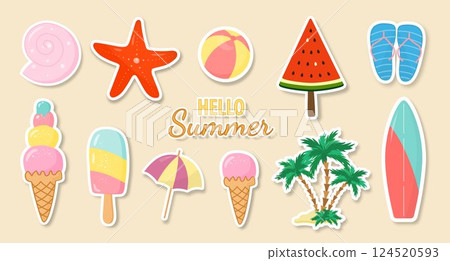 A collection of summer stickers with various seasonal elements on a light beige background. A collection of summer stickers with various seasonal elements on a light beige background. 124520593