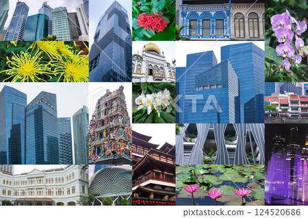 Collage of modern business skyscrapers from glass and sky view of commercial building in central city Singapore 124520686