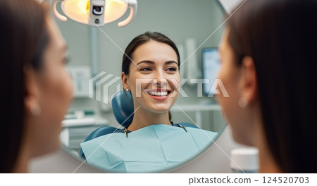 Patient smiling in mirror after dental treatment in bright modern clinic setting 124520703