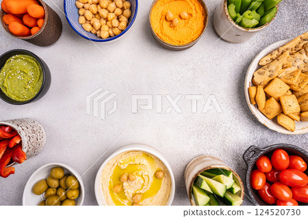 Various hummus dips, healthy and vegan snack 124520730