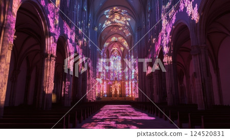 Discover the enchanting vibrancy of light projections showcased in a historic cathedral setting Discover the enchanting vibrancy of light projections showcased in a historic cathedral setting 124520831