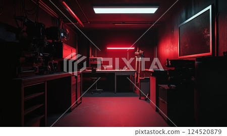 Inside A Photographers Darkroom With Faint Red Light 124520879