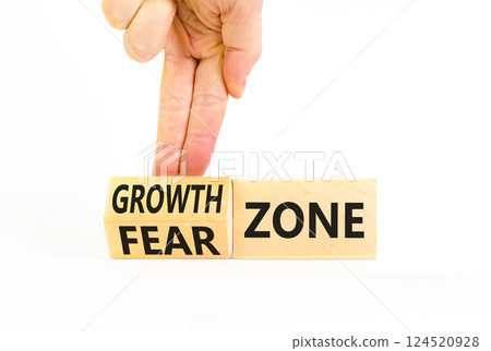 Growth or fear zone symbol. Concept words Growth zone Fear zone on wooden cubes. Beautiful white table white background. Psychologist hand. Business and growth or fear zone concept. Copy space. Growth or fear zone symbol. Concept words Growth zone Fear zone on wooden cubes. Beautiful white table white background. Psychologist hand. Business and growth or fear zone concept. Copy space. 124520928