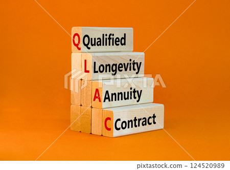 QLAC symbol. Concept word QLAC Qualified Longevity Annuity Contract on beautiful wooden blocks. Beautiful orange background. Business QLAC Qualified Longevity Annuity Contract concept. Copy space. QLAC symbol. Concept word QLAC Qualified Longevity Annuity Contract on beautiful wooden blocks. Beautiful orange background. Business QLAC Qualified Longevity Annuity Contract concept. Copy space. 124520989