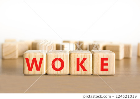 Woke question symbol. Concept word Woke question on beautiful wooden blocks. Beautiful wooden table white background. Business, lifestyle, support and woke question concept. Copy space. 124521019