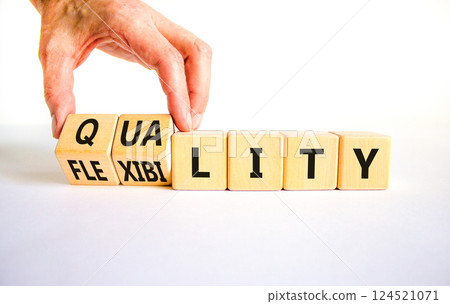 Quality or flexibility symbol. Concept words Quality Flexibility on wooden cubes. Beautiful white table white background. Businessman hand. Business and quality or flexibility concept. Copy space. 124521071