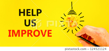 Help us improve symbol. Concept words Help us improve on beautiful yellow paper. Beautiful yellow background. Businessman hand. Light bulb. Business motivational help us improve concept. Copy space. 124521124