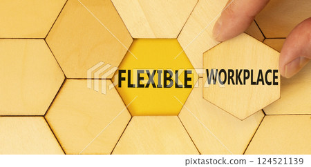 Flexible workplace symbol. Concept words Flexible workplace on beautiful wooden puzzles. Beautiful yellow background. Businessman hand. Business Flexible workplace concept. Copy space. 124521139