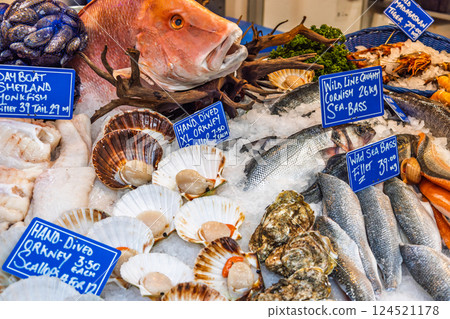 Fresh Seafood Displayed on Ice at London Famous Borough Market Stall 124521178