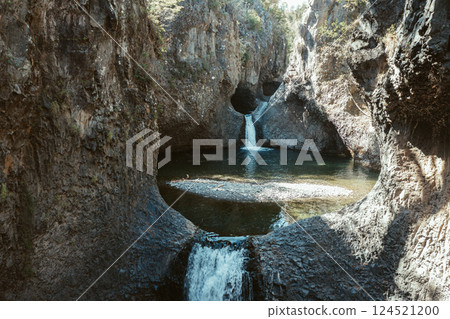 Waterfall Radal Siete Tazas National Park in Maule, Chile. 124521200
