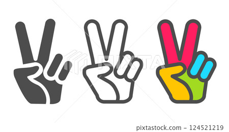 Vector set icons of colorful hand and peace symbols. Hand and two fingers are like peace symbol. 124521219