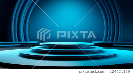 Empty podium pedestal, blue background stand for product, goods. Shelf with product advertising - AI generated image 124521339