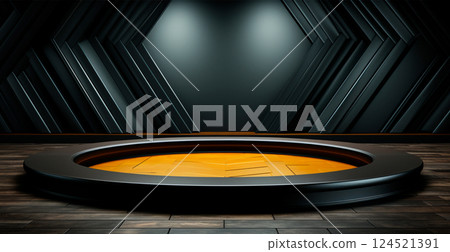 Empty podium pedestal, black background stand for product, goods. Shelf with product advertising - AI generated image 124521391