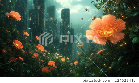 A futuristic illustration of a cybernetic garden, with flowers blooming with glowing circuits and robotic insects buzzing around. A futuristic illustration of a cybernetic garden, with flowers blooming with glowing circuits and robotic insects buzzing around. 124521413