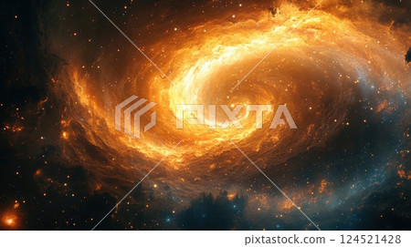 An abstract illustration of swirling galaxies, nebulae, and stars, creating a mesmerizing and dynamic dance of light and color across the vastness of space. 124521428