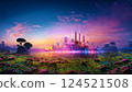 A fantastical landscape of a futuristic city, a cyberpunk world that blends with nature 124521508
