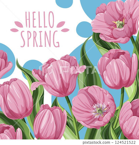 Square Spring Card with Fresh Pink Tulips. Floral Seasonal Design for Easter, Mothers Day and Spring Celebrations. Perfect for Banners, Promotions and Advertising. Square Spring Card with Fresh Pink Tulips. Floral Seasonal Design for Easter, Mothers Day and Spring Celebrations. Perfect for Banners, Promotions and Advertising. 124521522
