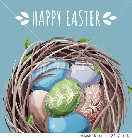 Happy Easter Square Card with Birds Nest and Colorful Eggs on Blue Background. Happy Easter Design. Perfect for Posters, Greetings, Social Media, and Banners 124521528