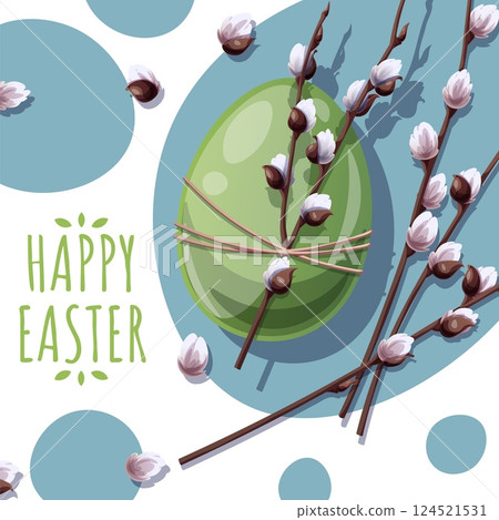 Happy Easter Square Card with Easter Egg and Willow Branch on Blue Background. Happy Easter Design. Perfect for Posters, Greetings, Social Media, and Banners. Celebrate Spring. 124521531