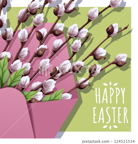 Happy Easter Square Card with Willow Branch in Envelope on Green Background. Happy Easter Design. Perfect for Greetings, Posters, Social Media, and Festive Banners. Celebrate Spring Happy Easter Square Card with Willow Branch in Envelope on Green Background. Happy Easter Design. Perfect for Greetings, Posters, Social Media, and Festive Banners. Celebrate Spring 124521534
