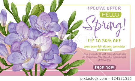 Purple Freesia Spring Sale Banner. Elegant Floral Discount Design for Promotions, Flyers, Social Media, Ads and Marketing. Vector Spring Illustration. 124521535