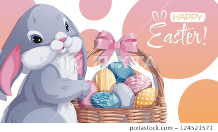 Happy Easter Banner Design with Cute Bunny and Colorful Eggs in a Basket. Happy Easter Celebration. Spring Vector Background for Cards, Posters, and Social Media. Perfect for Festive Promotions. Happy Easter Banner Design with Cute Bunny and Colorful Eggs in a Basket. Happy Easter Celebration. Spring Vector Background for Cards, Posters, and Social Media. Perfect for Festive Promotions. 124521571