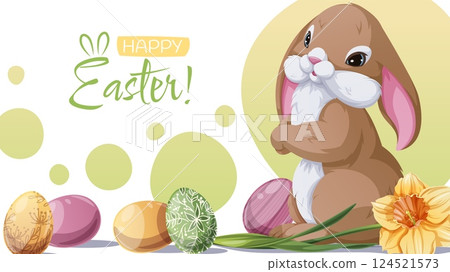 Happy Banner Design with Cute Bunny and Colorful Eggs. Happy Easter Celebration. Spring Vector Background for Cards, Posters, Advertising, and Social Media. Perfect for Festive Promotions and Holiday 124521573