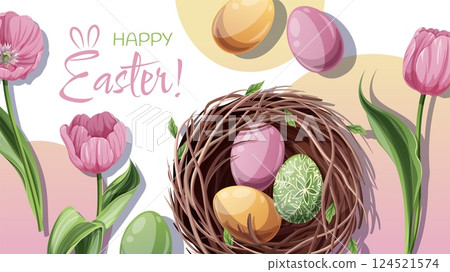 Happy Easter Banner Design with Nest, Colorful Eggs, and Tulips. Happy Easter Celebration. Spring Vector Background for Cards, Posters, and Social Media. Perfect for Festive Promotions. 124521574