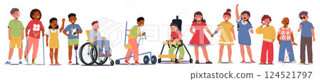 Group of diverse inclusive children cartoon characters with different mental physical disabilities 124521797