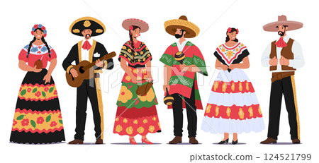 Mexican people musicians and dancers cartoon characters wearing traditional costumes isolated set Mexican people musicians and dancers cartoon characters wearing traditional costumes isolated set 124521799