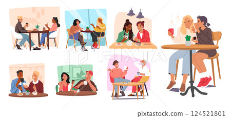 Two friends talking gossiping having nice conversation drinking coffee in cafe cartoon scene set 124521801