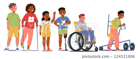 Diverse inclusive children cartoon characters with eyesight, skin and body physical disability 124521806