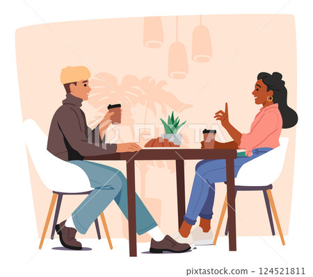 Young man and woman friends talking enjoying breakfast time together in cafe cartoon scene 124521811