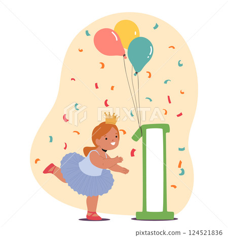 Little girl baby princess cartoon character celebrating first anniversary happy birthday party Little girl baby princess cartoon character celebrating first anniversary happy birthday party 124521836