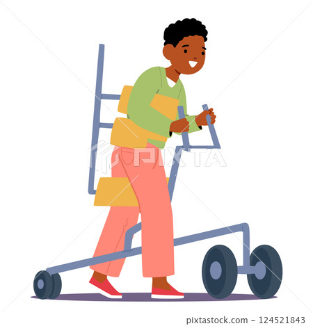 Little boy child with physical disability walking on special apparatus isolated on white background 124521843