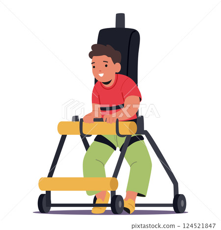 Little boy inclusive child character with underdevelopment or deformation of musculoskeletal system Little boy inclusive child character with underdevelopment or deformation of musculoskeletal system 124521847