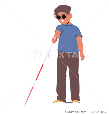 Blind boy inclusive child cartoon character wearing black eyeglasses walking with cane stick Blind boy inclusive child cartoon character wearing black eyeglasses walking with cane stick 124521857