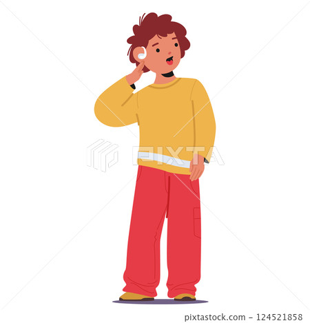 Inclusive boy child cartoon character with deafness using hearing aid aerophone isolated on white 124521858