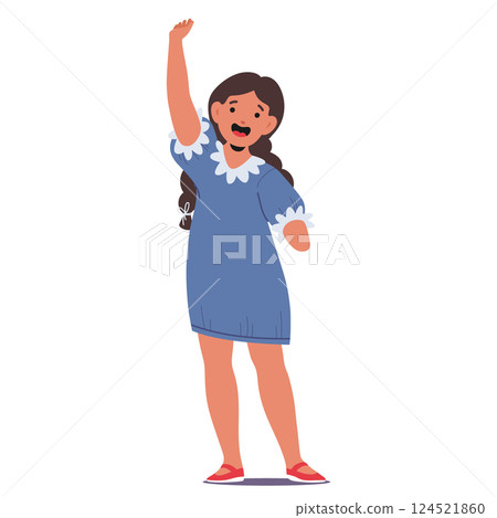 Happy positive girl inclusive child character with amputee hand rejoicing life isolated on white 124521860