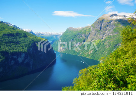 Geiranger Fjord, Norway. Nature in fjords. North. Traveling on a Norwegian fjord. Scandinavia. 124521911
