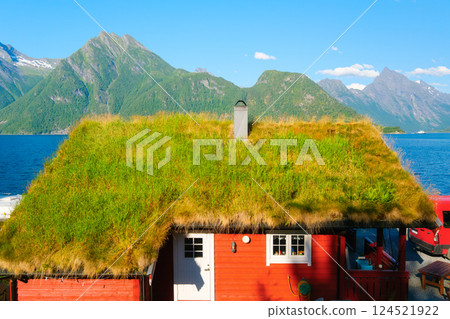 Traditional Scandinavian houses with moss on the roof. Beautiful mountain lake in Norway. 124521922