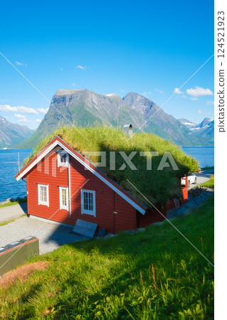 Traditional Scandinavian houses with moss on the roof. Beautiful mountain lake in Norway.  124521923