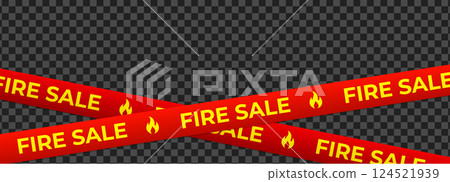 Red caution tapes with fire sale message and flame icon, evokes urgency, heat, massive discounts. Hot price drop promo design for banners, ads, posters. Vector illustration 124521939