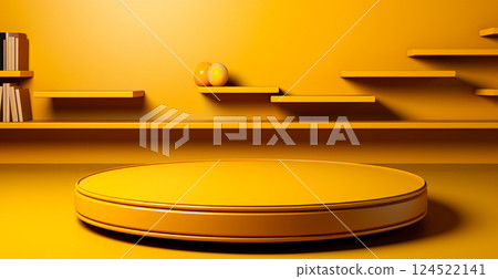 Empty podium pedestal, yellow background stand for product, goods. Shelf with product advertising - AI generated image 124522141