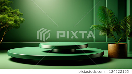 Empty podium pedestal, green background stand for product, goods. Shelf with product advertising - AI generated image 124522165