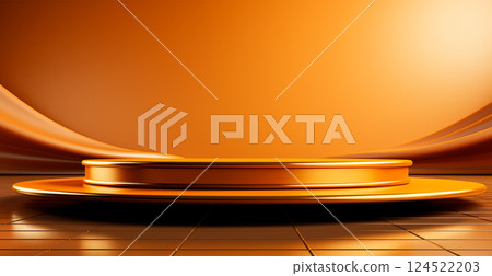 Empty podium pedestal, golden background stand for product, goods. Shelf with product advertising - AI generated image 124522203